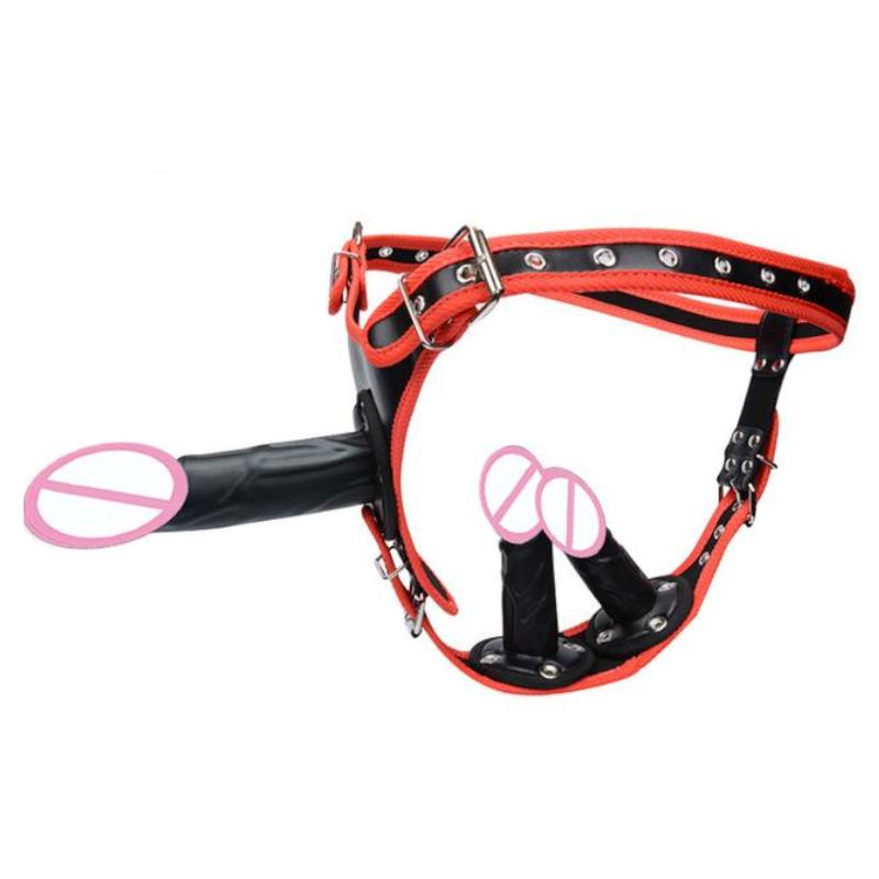 Big Fantasy Harness Triple Dildos Pegging Kit Red Black Strapon Strap Ons