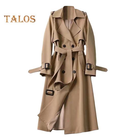 Women Windbreaker Turn-down Collar Loose Pure Color Coat Double-breasted Long Sleeves Belt Decor Overcoat Mid Length with Pockets Windproof Lady