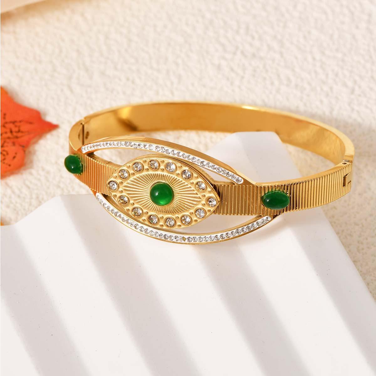 Titanium Steel New Eye Green Cat s Eye Bracelet Buckle Opening Light Luxury Hand Accessories One Size(18CM~21CM)