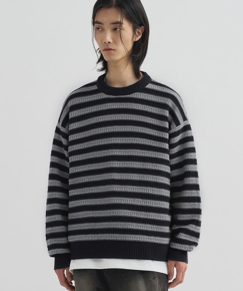 DRAW FIT Square Stripe Cotton Pullover Knit [D.Navy]