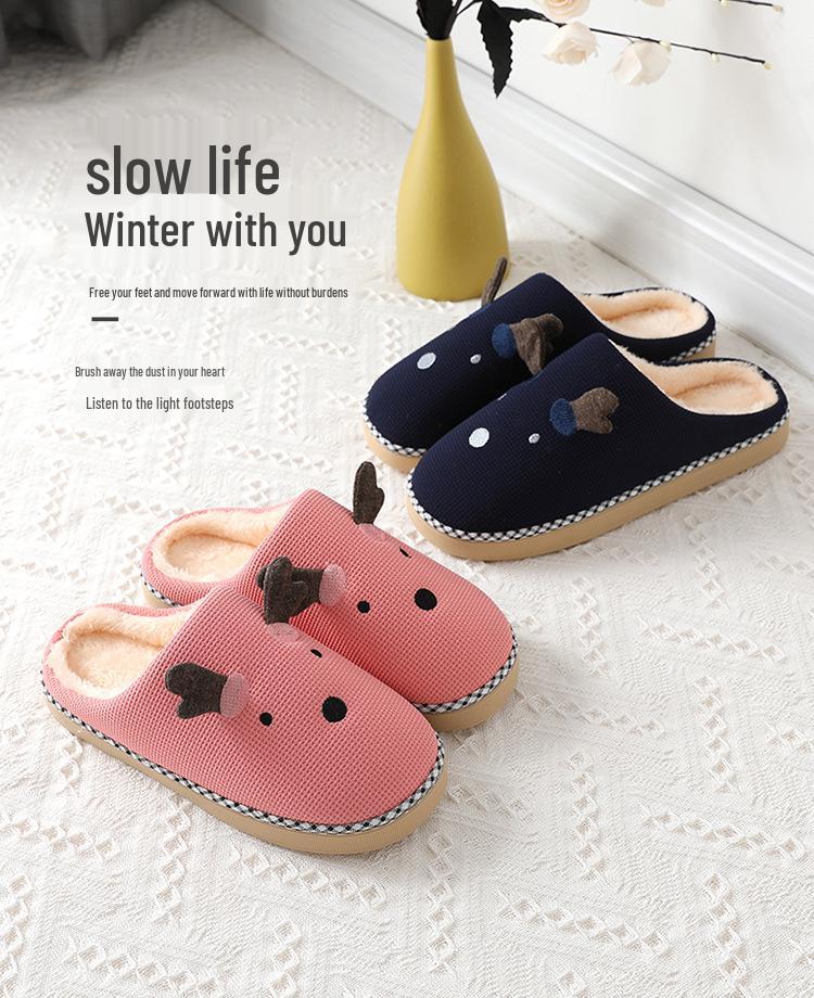 Winter Women's Cute Cartoon Closed Heel Velvet Slippers - Non-slip, Warm, Indoor Cotton Fur for Couples