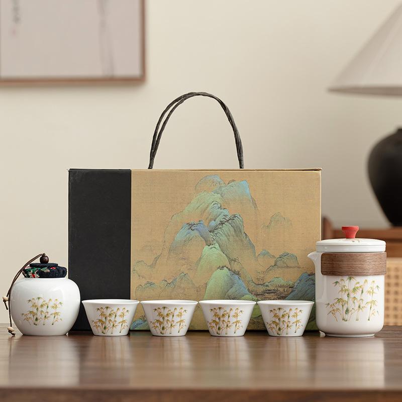 Golden silk bamboo rhyme ancient rhyme pot tea set living room office guest reception Dehua white porcelain set light luxury gift box gift