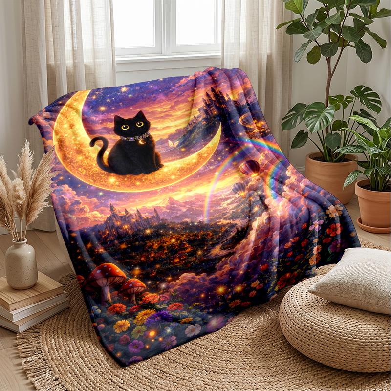 Magical Night with Rabbit and Cat Theme Blanket Lightweight Warm Flannel Blanket Decorative Throw Blanket for Home Decoration