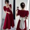Plus Size Women's Summer Bow Back Dress - Waist-Cinching Slim Puff Sleeves Mid-Length Skirt