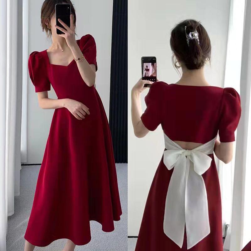 Plus Size Women's Summer Bow Back Dress - Waist-Cinching Slim Puff Sleeves Mid-Length Skirt