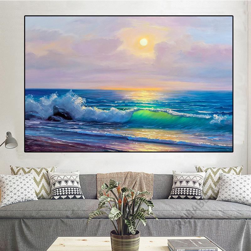 Obraz olejny Vintage Fale Morskie Wydrukowany na Płótnie Statek Zachód Słońca Pejzaż Plakaty i Druki do Dekoracji Salonu Cuadros