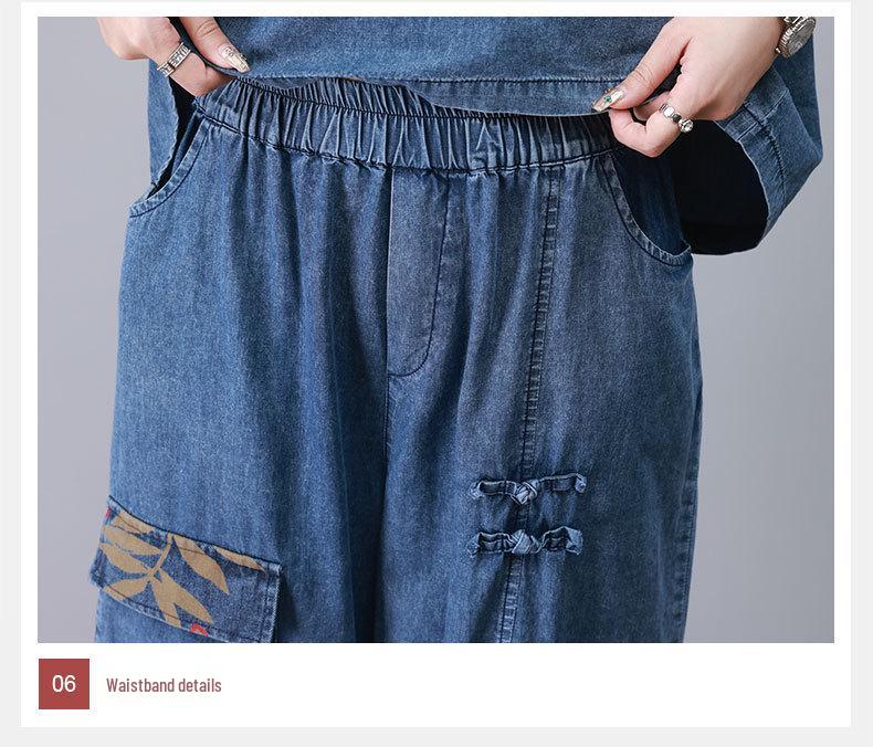 Mámin letní džínový set: Top s krátkým rukávem a kulatým výstřihem & Sedmibodové kalhoty pro ženy středního a staršího věku