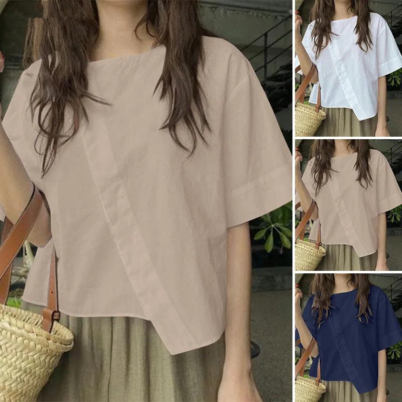 Women Oversize Bluse Summer Chic Irregular Short Sleeve Shirts Korean Fashion Round Neck Harajuku Tops Casual Loose Tunic