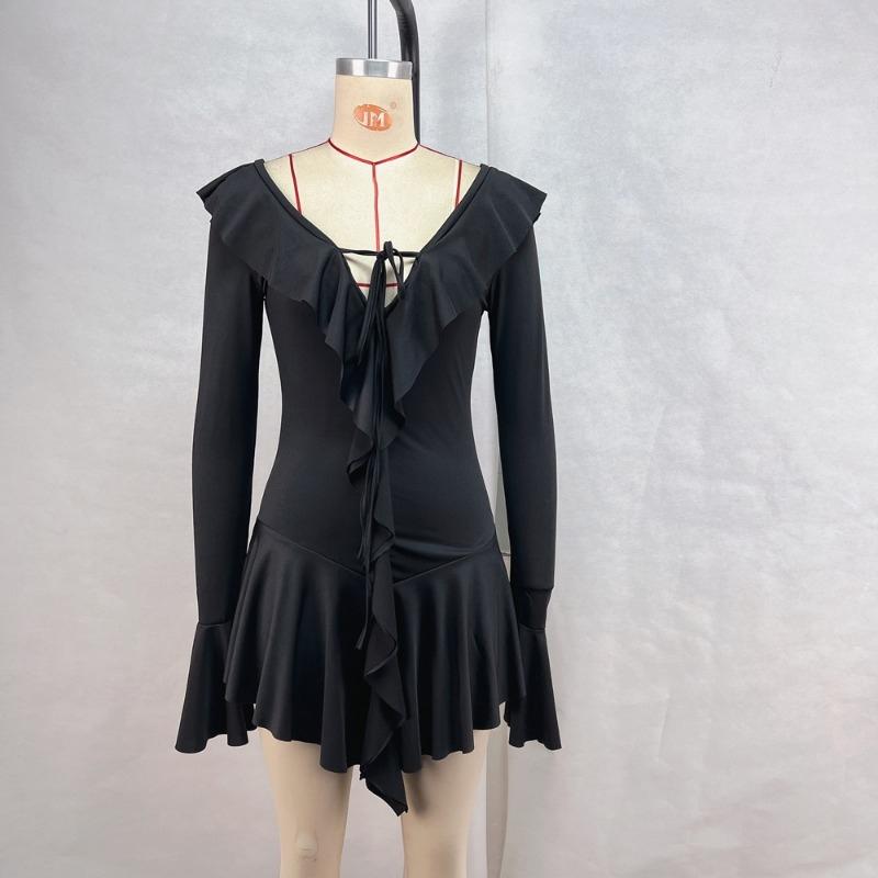 Fashion Sexy Big V Neck Irregular Mini Short Dress Ruffle Edge Flared Long Sleeve Slim Fit Evening Party Dress Streetwear Solid Color Women's Clothing