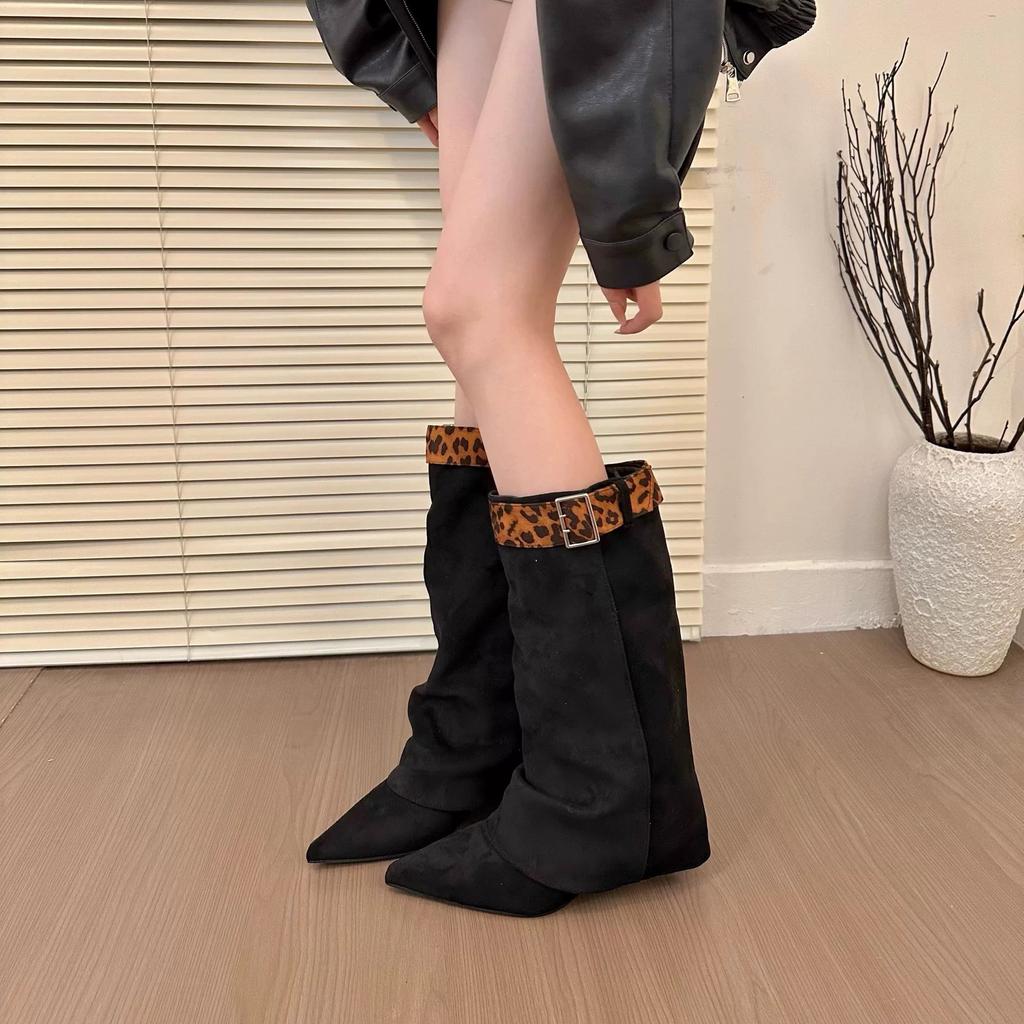 [Fanfna] Spice Girl Leopard Print Pointed Pants Boots Women's Autumn 2025 New Retro Two-Wear Removable Medium Boots