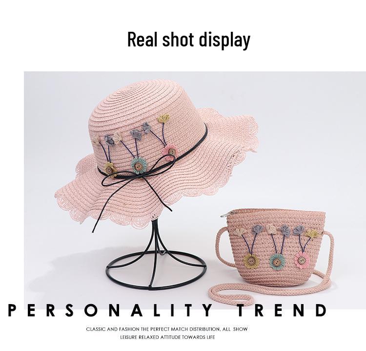 Korean-Style Kids' Floral Straw Hat & Bag Set - Sun Protection Beach Hat