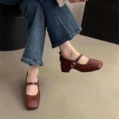 Rétro carré tête lumière bouche talon épais chaussures simples femme printemps et automne nouveau vent de soirée français fée cuir souple Mary Jane petit cuir sh