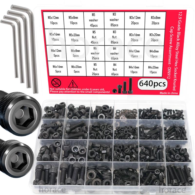 640pcs-Grade12.9 High-strength Black Carbon Steel Socket Head Cap Screw Set, Including Nuts, Washers, and Socket Head Cap Bolts