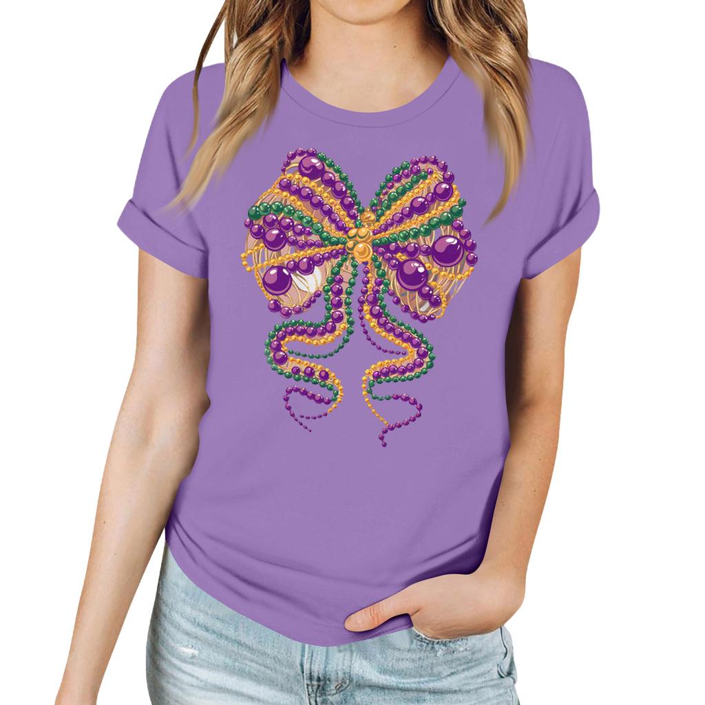 Women's Casual Carnival Print T-Shirt Round Neck Pullover Short Sleeve Top