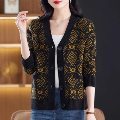 Women Spring and Autumn Elegant V Neck Cardigan Single Breasted Long Sleeve Loose Knitted Sweater