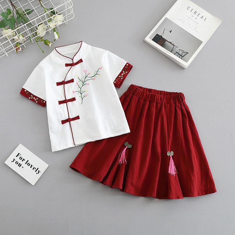 Kız Çocuk Yabancı Stil Retro Çin Stili Hanbok Takımı Küçük Kız Çiğsam Yarım Etek Yaz İki Parça Takım