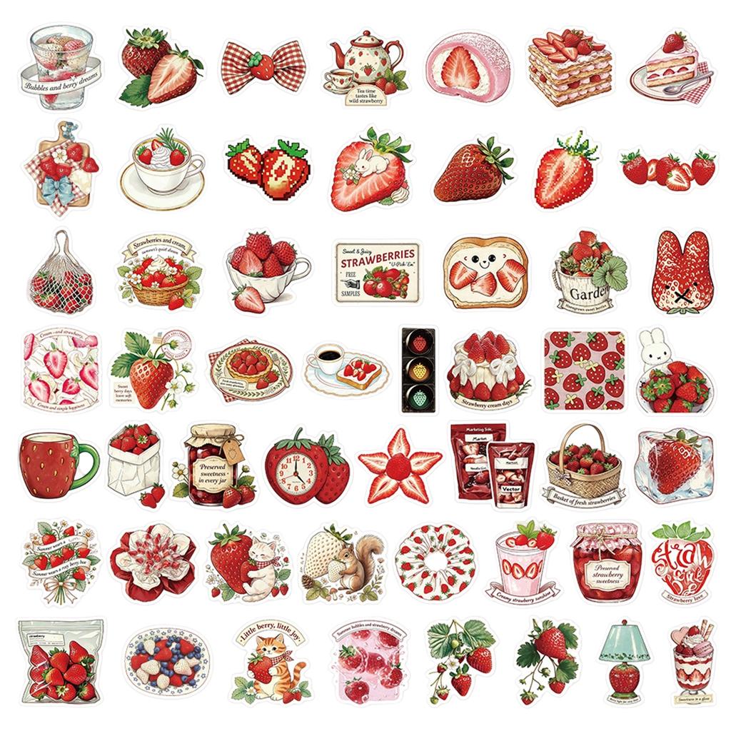 50 Retro Strawberry Stickers, Cute Decorative Sticker Pack for Journal Scrapbook