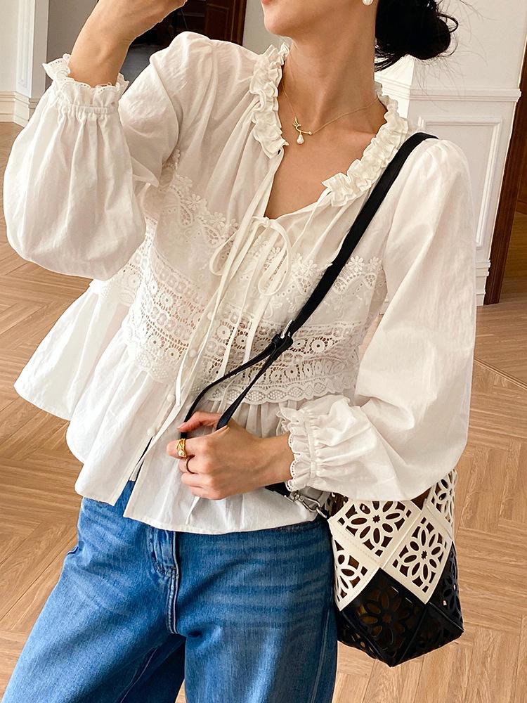 

Autumn Lace Long Sleeve White Shirt - European & American Style Women s Top L белый