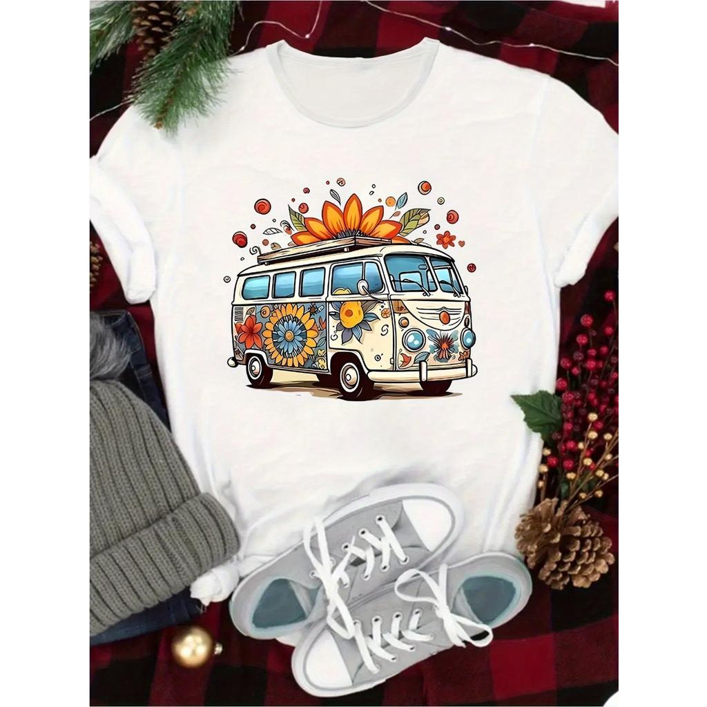 Printed Van T-Shirt, Round Neck Short Sleeve Sporty Tee, Comfortable Top for Women