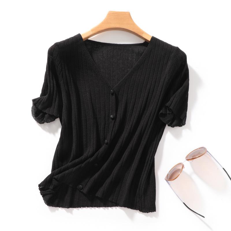 Summer Thin Ice Silk Linen Short-sleeved T-shirt for Women V-neck Relaxed Fit Knitted Cardigan Korean Style Stylishable Versatile Top