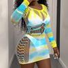 Sexy Lingerie Dyeing Craft Yellow Blue Short Skirt Bodycon Skirt Hollow Sexy Temptation Sexy Long Sleeve Mesh Dress