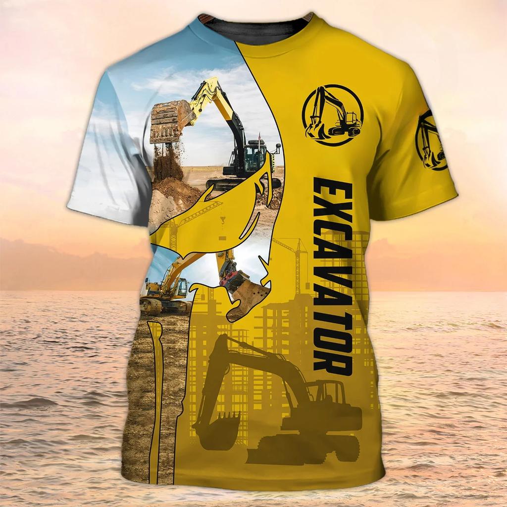 Summer Round Neck 3D Excavator Pattern Print Top Fashionable Casual Short Sleeved Men's T-shirts