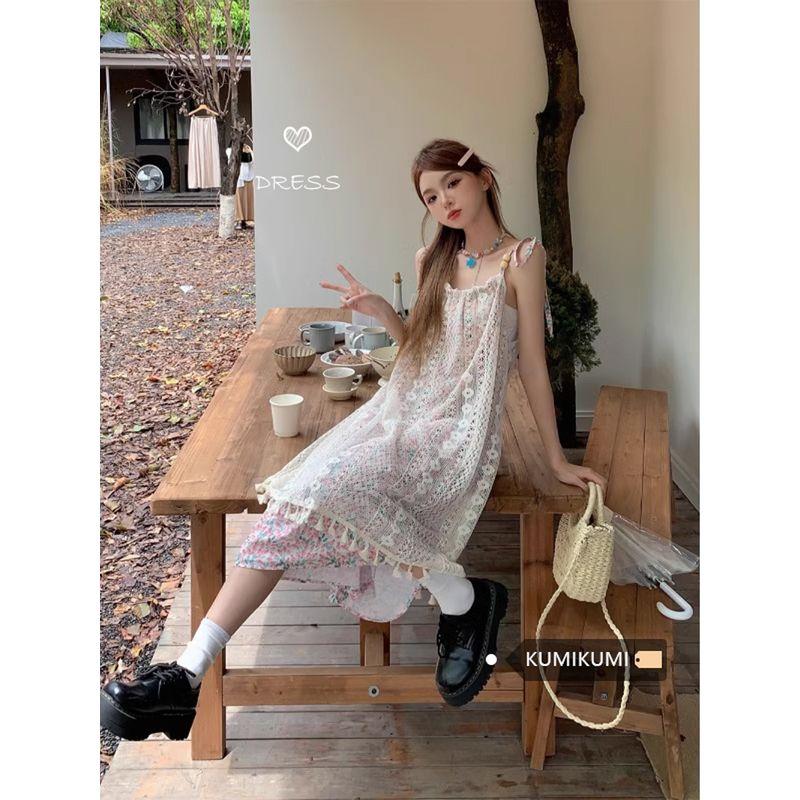 Seaside Vacation Style Summer Stylish Patchwork Suspender Skirt