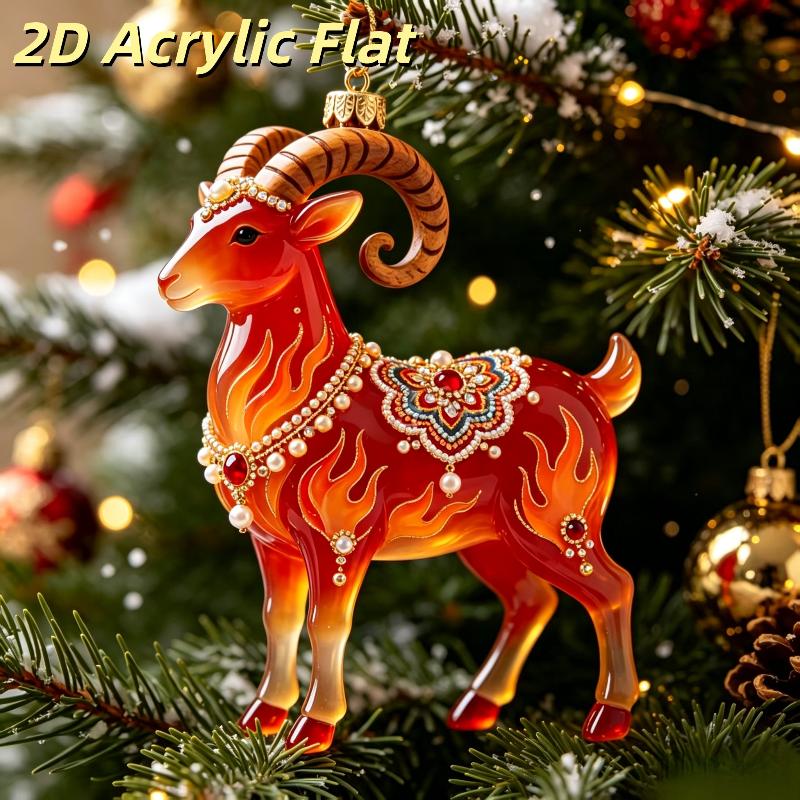 2D Acrylic Goat Christmas Tree Pendants Cute Animal Sheep Hanging Ornaments For Xmas Tree Decor Party Supplies  Year Gifts