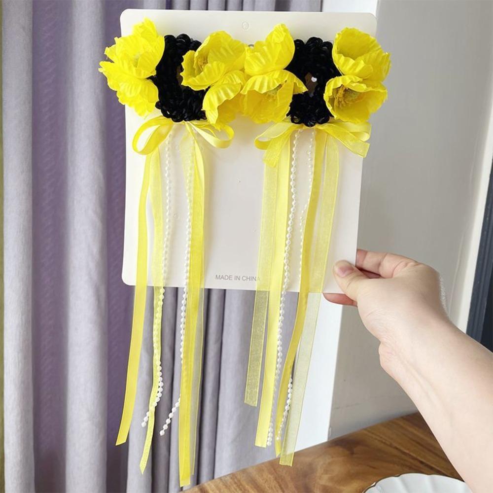 

2pcs Cute Long Ribbon Flower Wig Decor Children Hair Tie Flower Long Tassel Hair Bun Birthday Gifts жёлтый