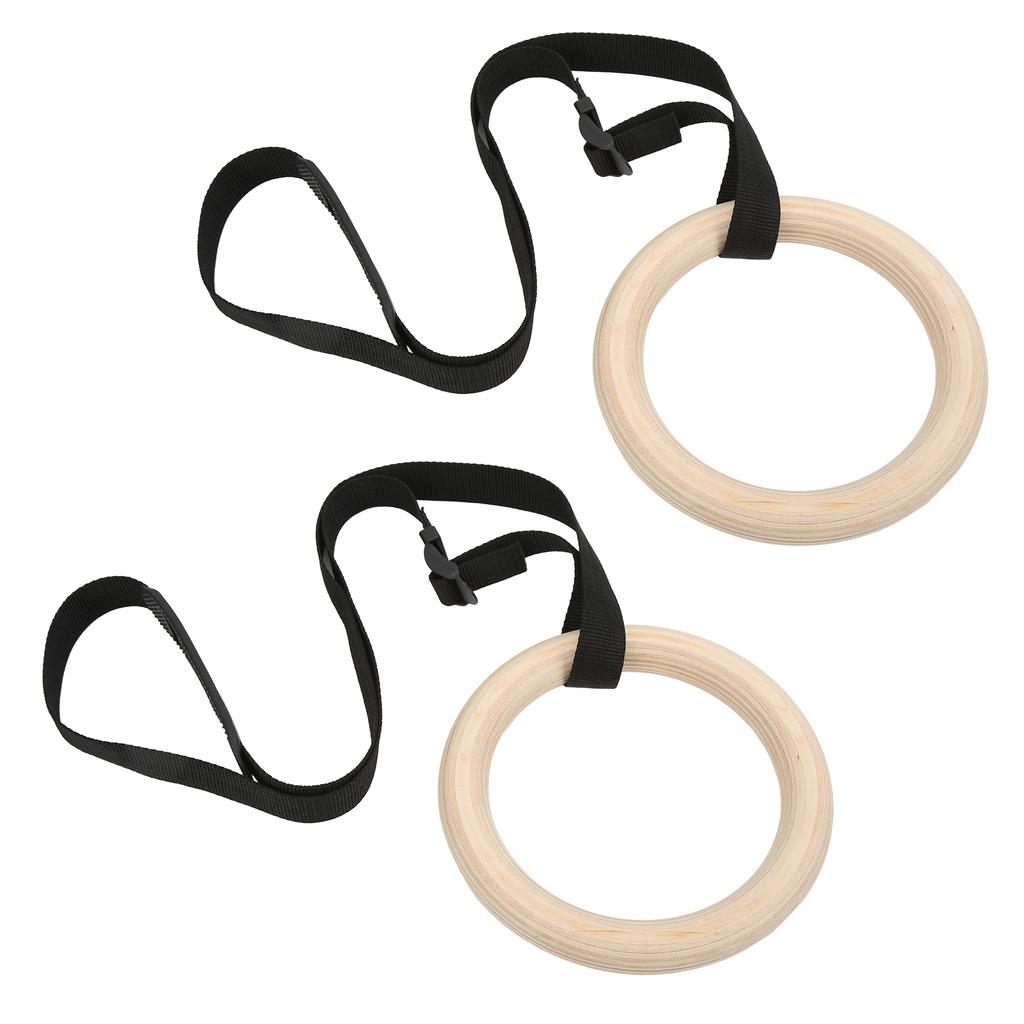 1 Pair Wooden Gymnastic Rings with Adjustable Buckle Straps 330lbs Capacity Pull Up Exercise Rings for Home Gym Workout