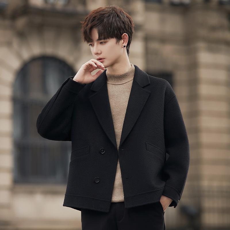 

Осенне-зимнее молодежное короткое двухстороннее шерстяное пальто, мужское модное красивое пальто, весенняя и осенняя мода 3XL чёрный