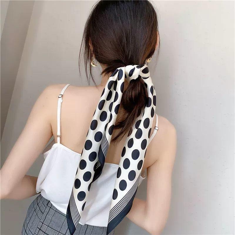 Women's Small Scarf | Spring & Autumn Korean-Style Black Polka Dot Stripe Scarf Fashion Decorative Thin Square Scarf for Ladies