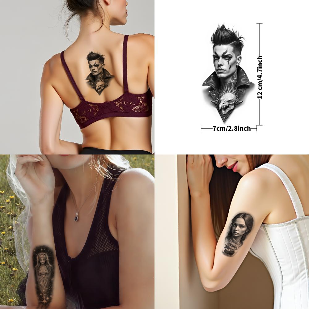 12 Stück Temporäre Tattoos Schwarz Grau Realismus Kleopatra Frau Indianerhäuptling Für Frauen Männer Oberschenkel