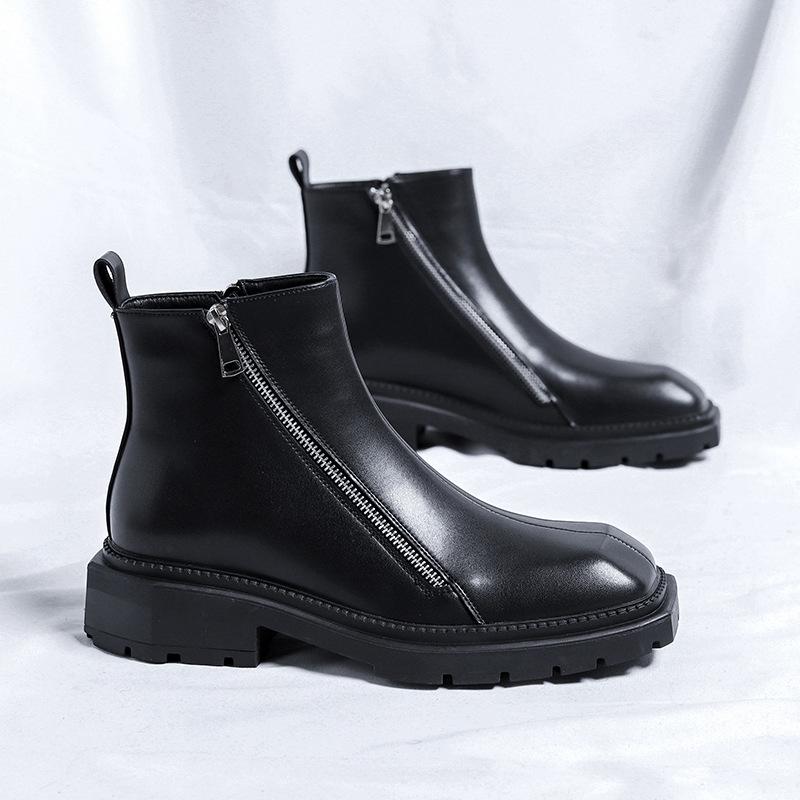 

Ботинки челси с квадратной головкой, кожаные туфли в британском стиле, черные, средние, короткие ботинки, с двойной молнией, ботинки Martin Trend 4512-R 38 чёрный