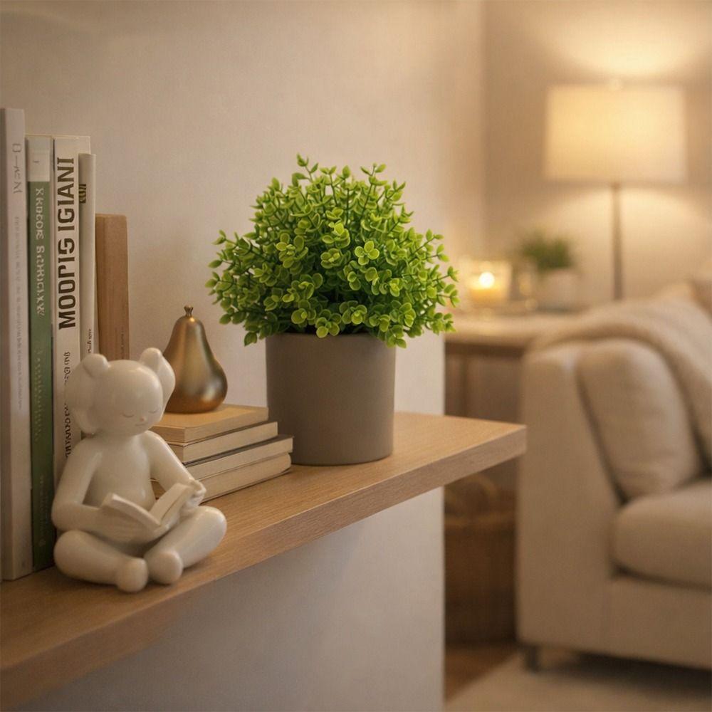 Green Artificial Plant Bonsai Grey Flowerpot Grass Leaves Simulation Plant Flowerpotted Craft Photo Props Faux Potted Decoration
