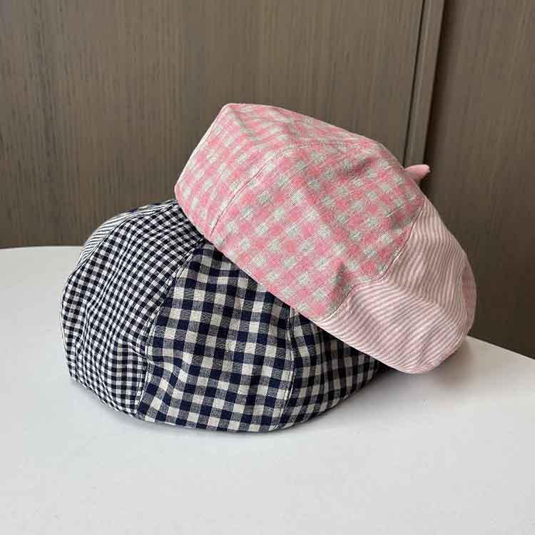New spring and autumn versatile beret women's retro plaid splicing pumpkin hat showing face small painter hat