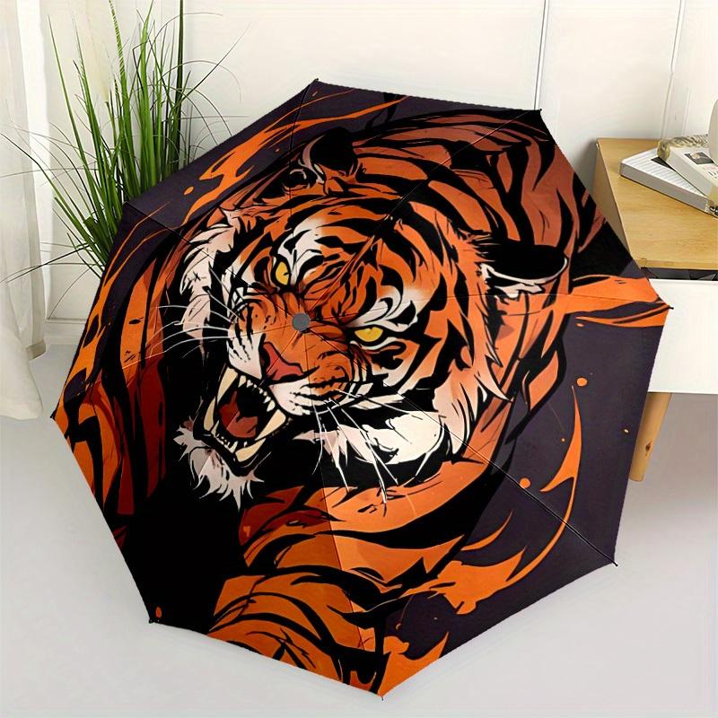1pc Tiger Flames Automatic Open/close, Heavy-Duty Iron Frame & 8-Rib Structure, Compact Folding Umbrella for Women/Men, All-Season Travel, Halloween a