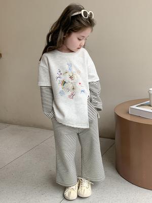 Autumn 2025 Girls' Color Block Sweatshirt & Sweatpants Set - Striped Long-Sleeve Two-Piece Outfit