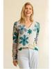 Women's Off-White V-Neck Knit Sweater with Blue Floral Pattern and Lace-Up Sleeve Detail