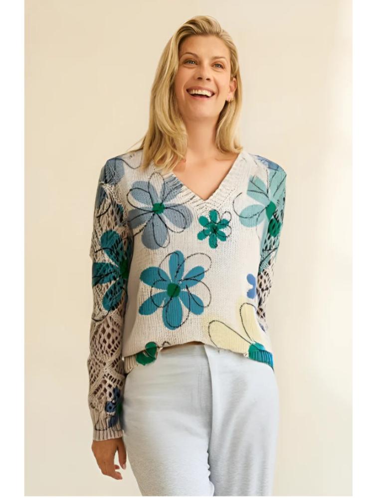 Women's Off-White V-Neck Knit Sweater with Blue Floral Pattern and Lace-Up Sleeve Detail