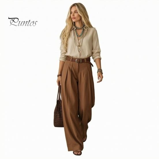 Long Sleeves Shirt Trousers Women Casual Two Piece Set for Fall, V Neck Collared Solid Color Suit & Wide Leg Pants, Loose Fit Autumn Outfits