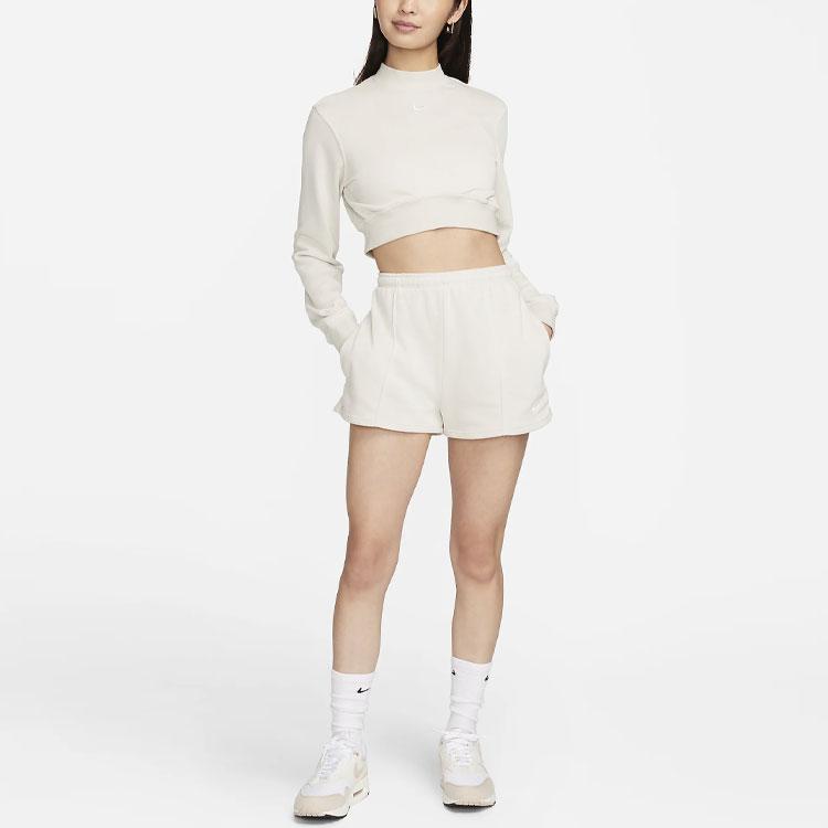 Nike Solid Logo Mock Neck Long Sleeve Cropped Top Women Tops Beige FN2477-104