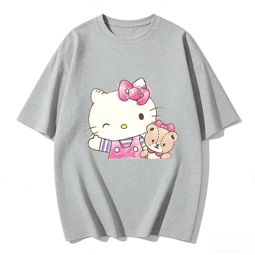 2026 New Hello Kitty Teddy Bear Watercolor Cartoon Print Tshirt Family Matching Outfits Casual Short Sleeve Tee Women Unisex Kids