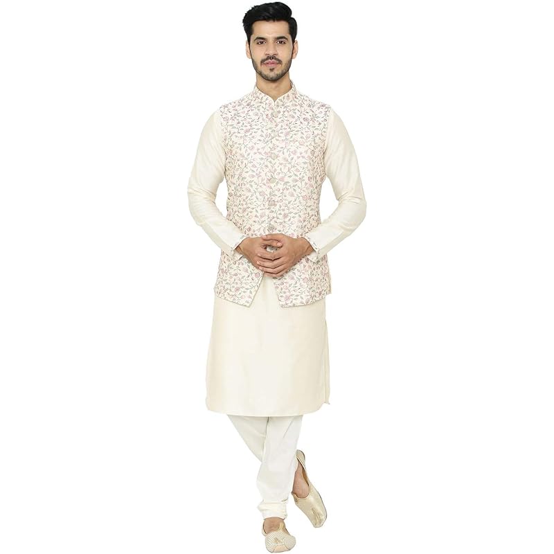 Manyavar Men's Silk Blend Other Kurta Pyjama with Waist Coat (JAST158_Cream_XL)