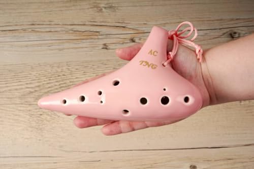 TNG Ocarina, Single [12-Hole / Alto / Pink], Premium C Key (AC) with Fingering Chart, Glazed Finish, for Wind Instruments