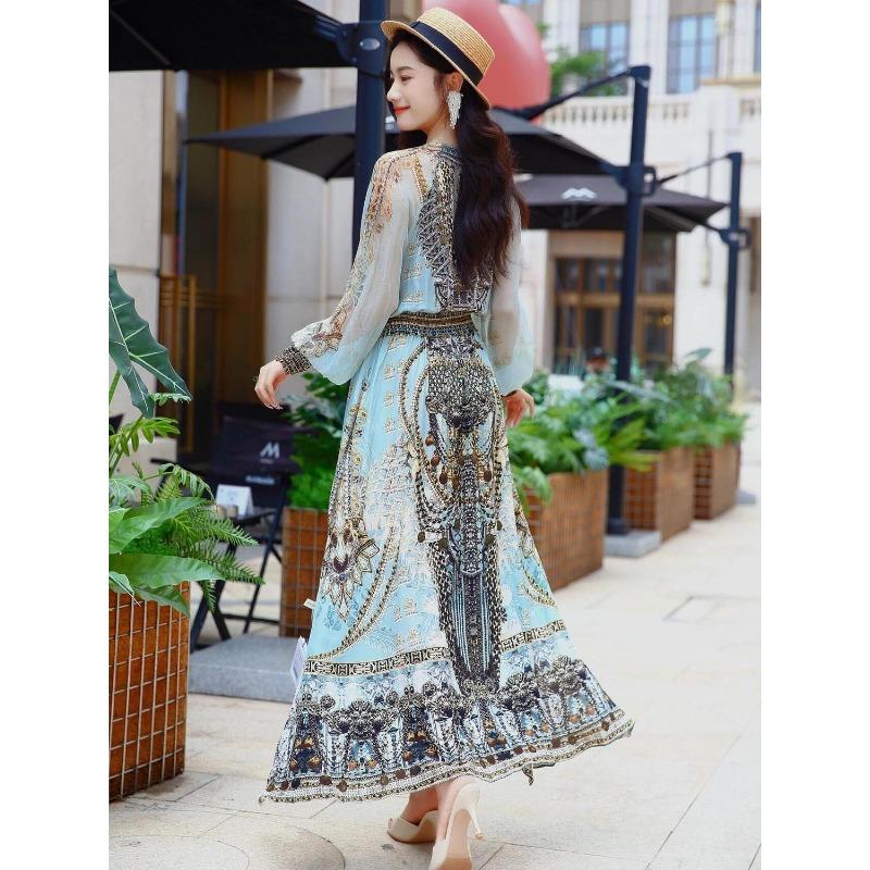 Romantic and Graceful Spring Traditional Chinese Ethnic Slim Maxi Dress with Floral Print V Neck