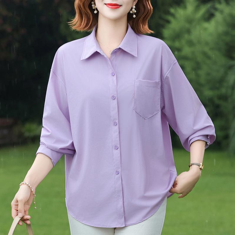 Plus Size Women's Loose Long Sleeve Button-Down Shirt, Solid Color Casual Office Blouse (3XL-7XL)
