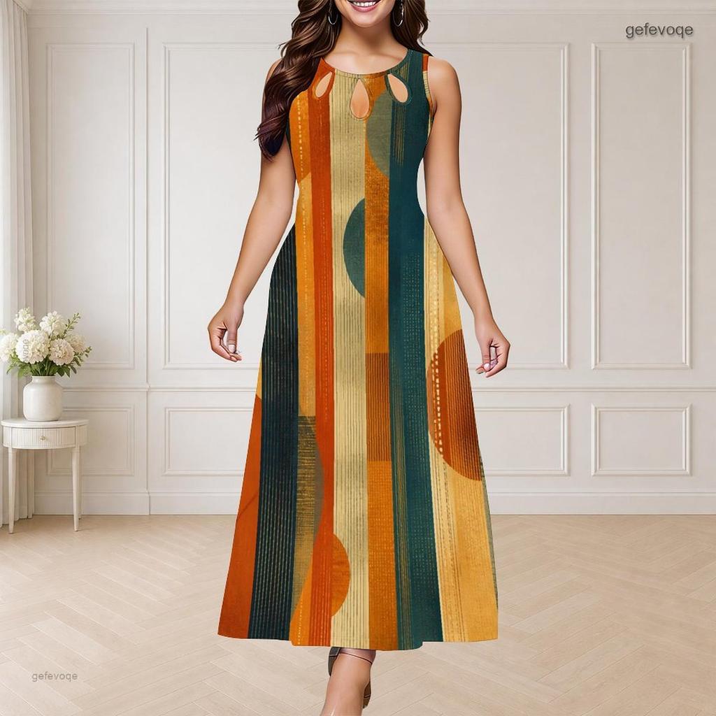 Women Plus Size Round Neck Triple Keyhole Cutout Sleeveless Printed Long Dress