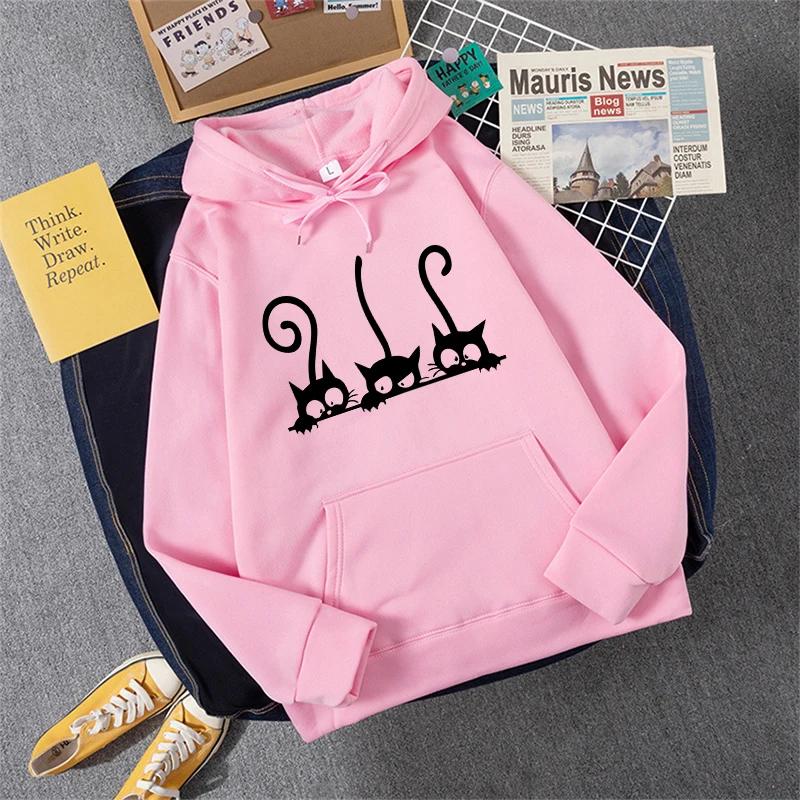 New Womens Sweatshirts Cute Cat Printing Home Party Casual Hoodies Loose Sports Pullover Tops Autumn Winter Daily Woman Clothing