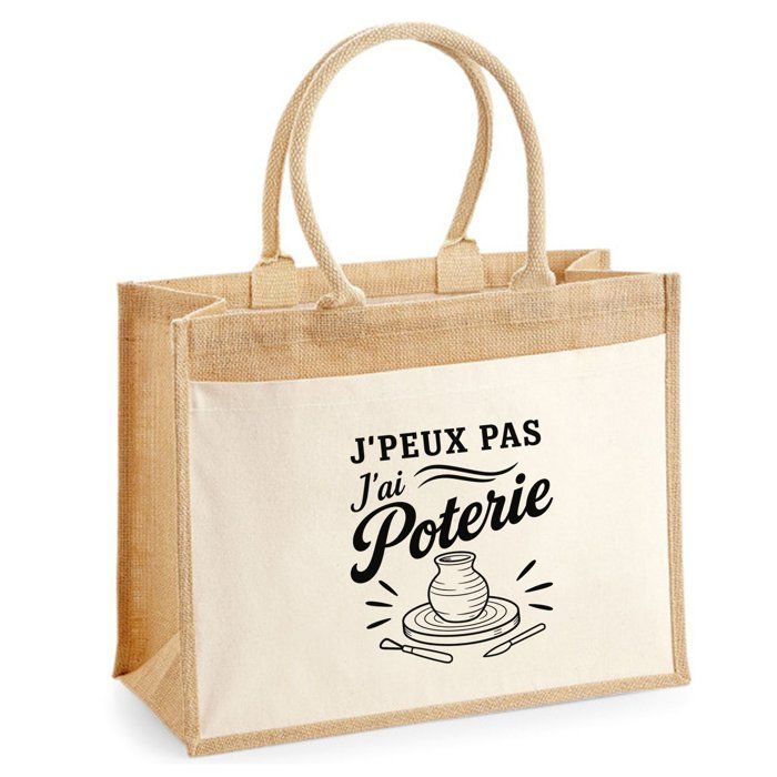 Sac Cabas Jute avec Poche J’peux pas j’ai Poterie J'peux pas minimaliste | Toile de Jute et Coton 21 L Fond Plat Anses 65 cm